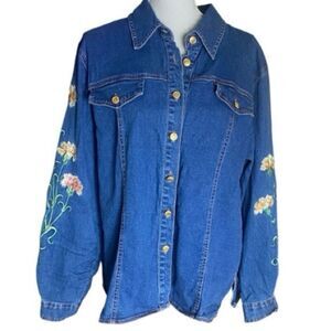 Bob Mackie Wearable Art Womens Blue Embroidered Button Down Denim Jacket Large